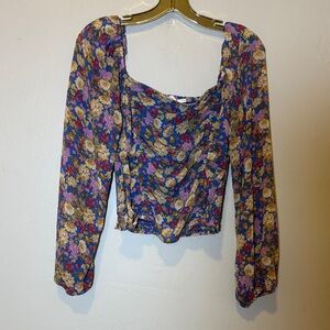Lush Purple Floral Long-Sleeve Square Neck Crop Top